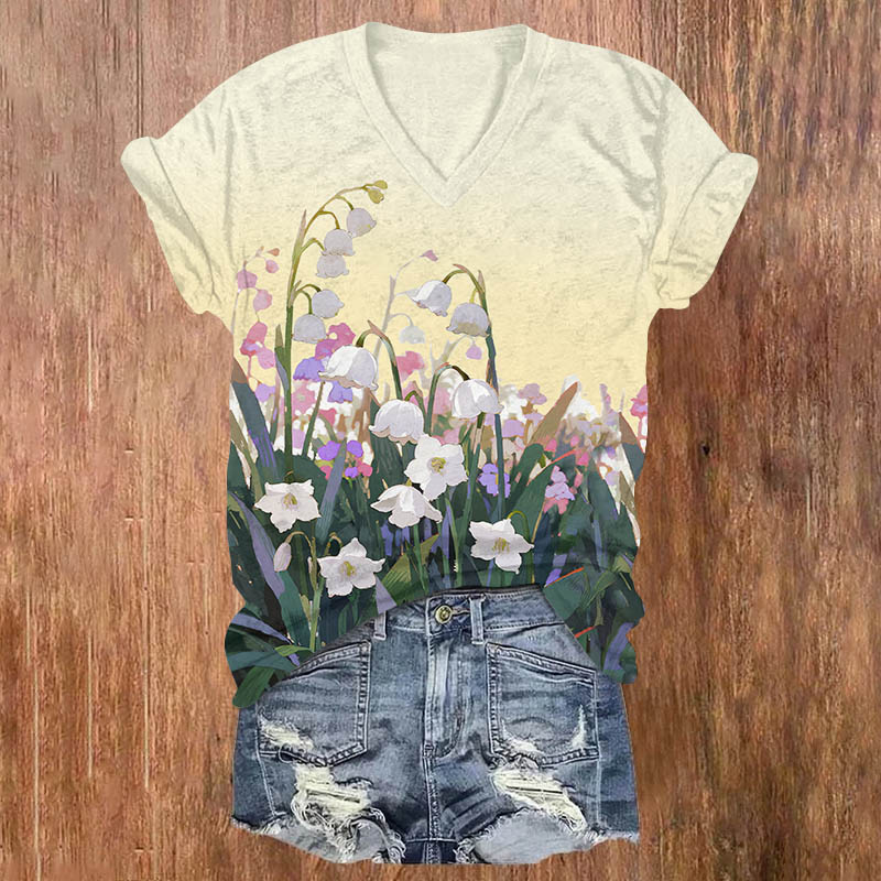 Ombre Campanula Blossom Art Print V-neck T-shirt - Yellow - US32-34(5XL) - image 1