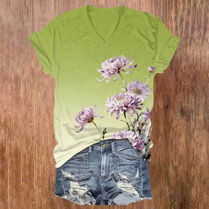 Watercolor Purple Chrysanthemum Print V-neck T-shirt - Green - US32-34(5XL) - image 1