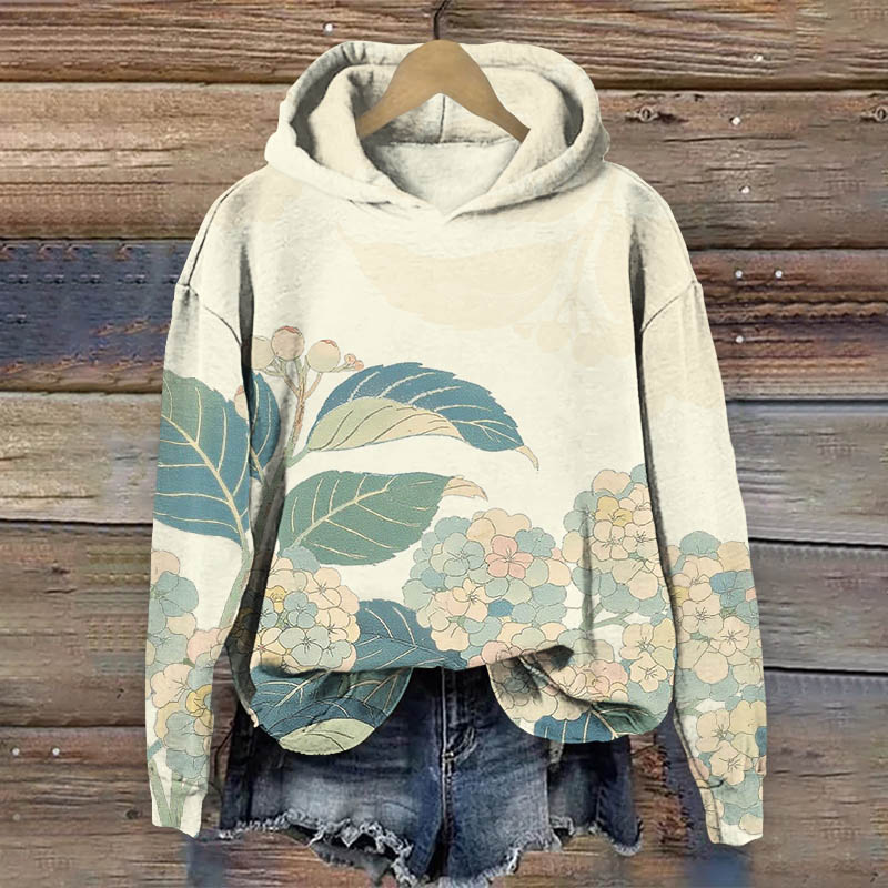Vintage Cartoon Hydrangea Art Print Long Sleeve Hoodie - Beige - US44-46(8XL) - image 4