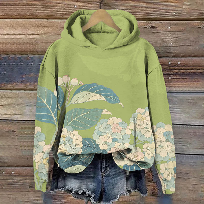 Vintage Cartoon Hydrangea Art Print Long Sleeve Hoodie - Green - US44-46(8XL) - image 2