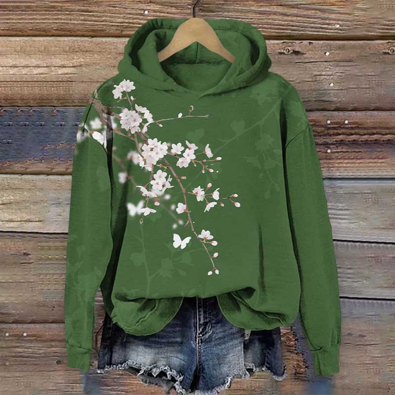Vintage Elegant Watercolor Plum Blossom Print Long Sleeve Hoodie - Green - US44-46(8XL) - image 2