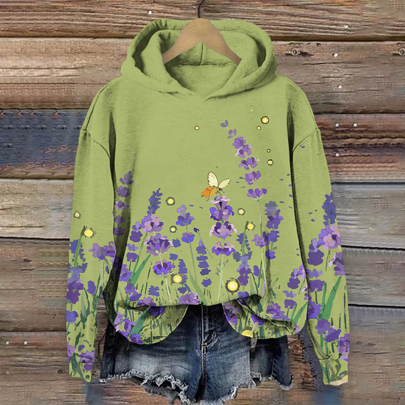 Vintage Watercolor Wild Lavender Print Long Sleeve Hoodie - Green - US44-46(8XL) - image 2