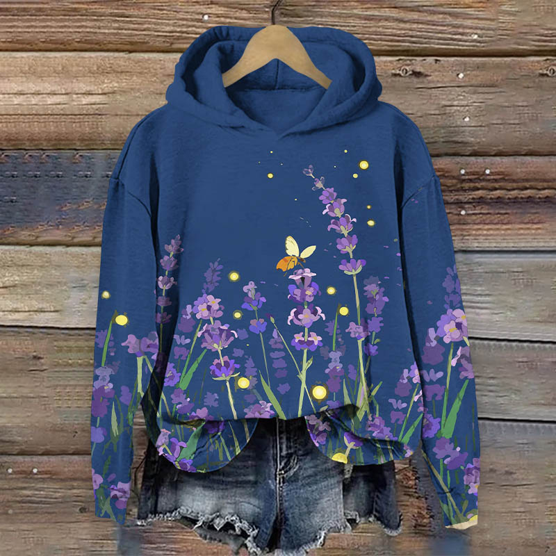 Vintage Watercolor Wild Lavender Print Long Sleeve Hoodie - Blue - US44-46(8XL) - image 1