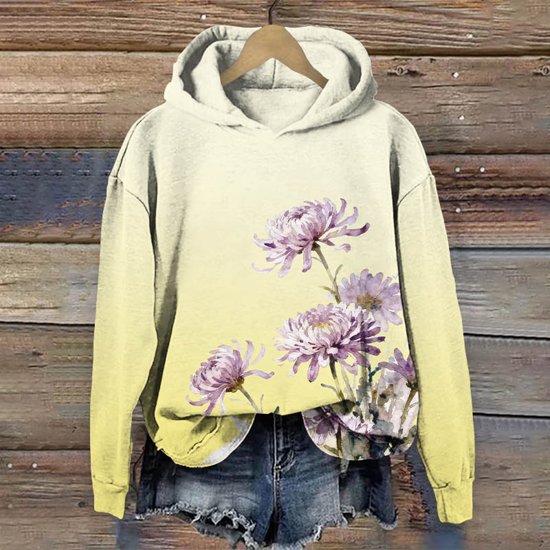 Watercolor Purple Chrysanthemum Print Long Sleeve Hoodie - Yellow - US44-46(8XL) - image 2