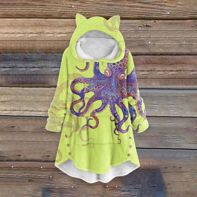 Women's Unique Exquisite Octopus Pattern Pocket Cute Cat Ear Fuzzy Fleece Hoodie - Green - 6XL - image 2