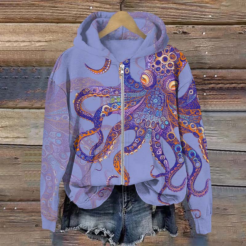 Unique Exquisite Octopus Pattern Art Print Long Sleeve Zipper Hoodie - Light Purple - US28-30(4XL) - image 1