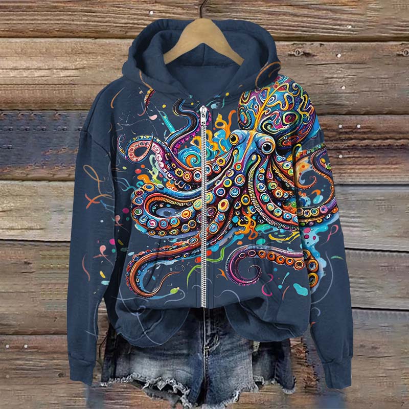 Vintage Rainbow Octopus Art Print Long Sleeve Zipper Hoodie - Dark Blue - US28-30(4XL) - image 7