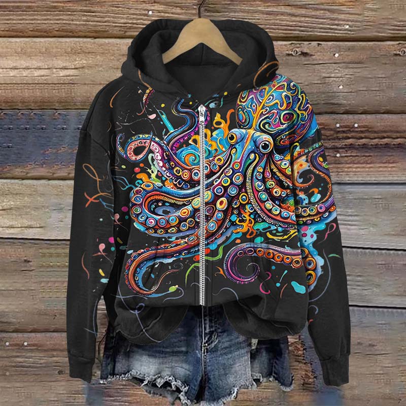 Vintage Rainbow Octopus Art Print Long Sleeve Zipper Hoodie - Black - US28-30(4XL) - image 2