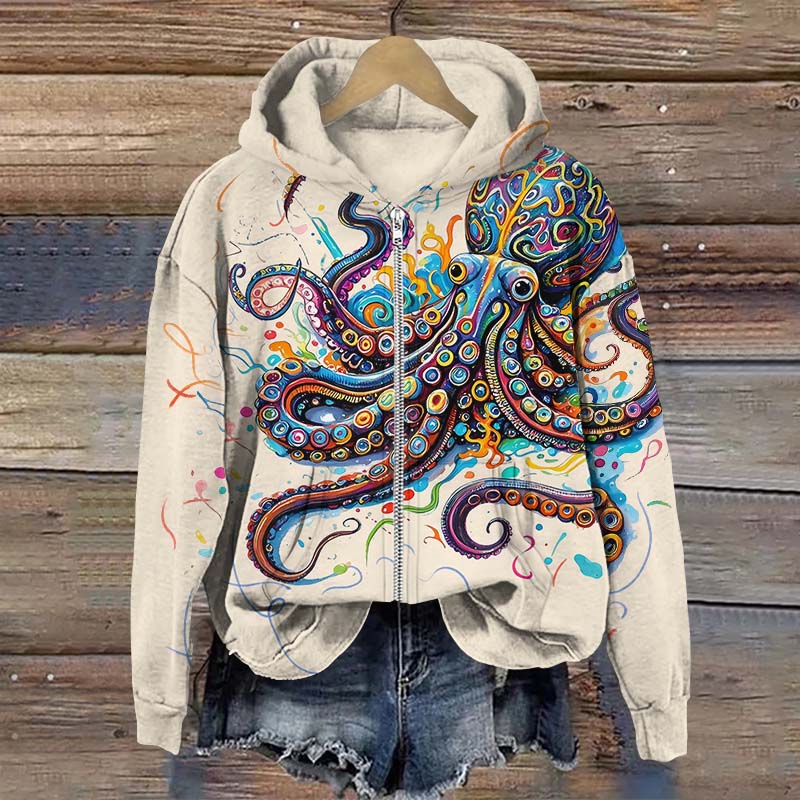 Vintage Rainbow Octopus Art Print Long Sleeve Zipper Hoodie - Apricot - US28-30(4XL) - image 1