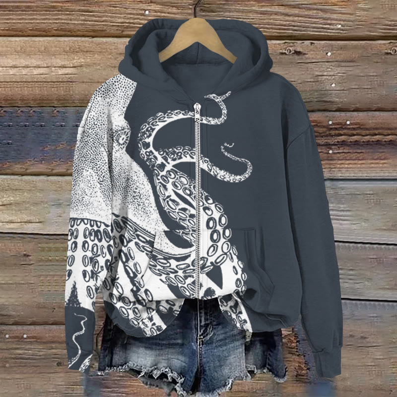 Japanese Art Octopus Graphic Print Long Sleeve Zipper Hoodie - Navy Blue - US28-30(4XL) - image 2