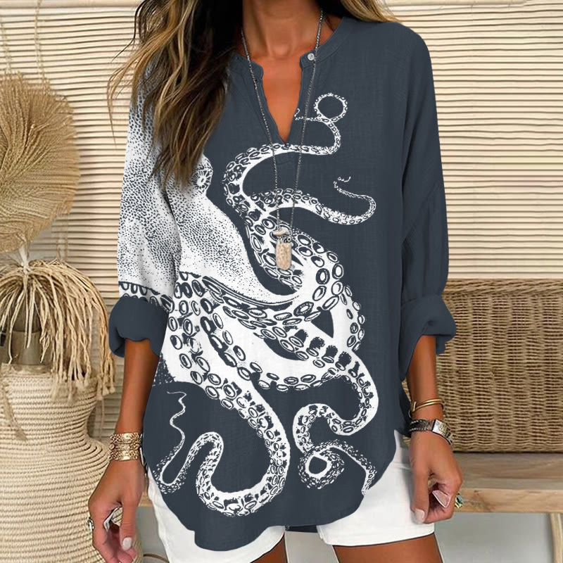Japanese Art Octopus Graphic Print V Neck Long Sleeve Blouse - Navy Blue - 8XL - image 2