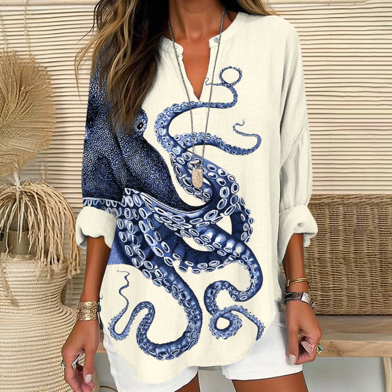 Japanese Art Octopus Graphic Print V Neck Long Sleeve Blouse - Beige - 8XL - image 1