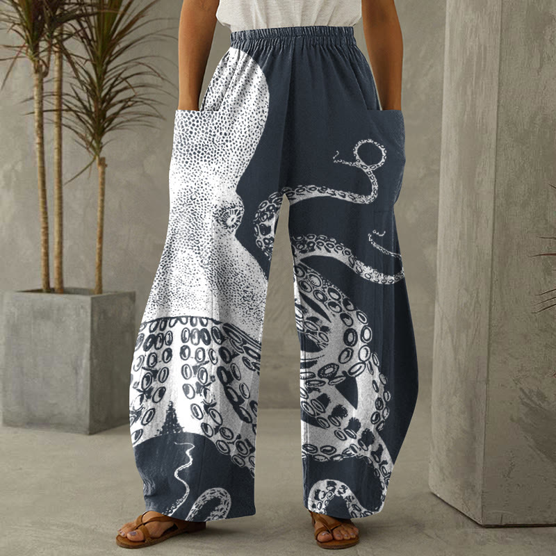 Japanese Art Octopus Graphic Print Casual Pants - Navy Blue - 6XL - image 2