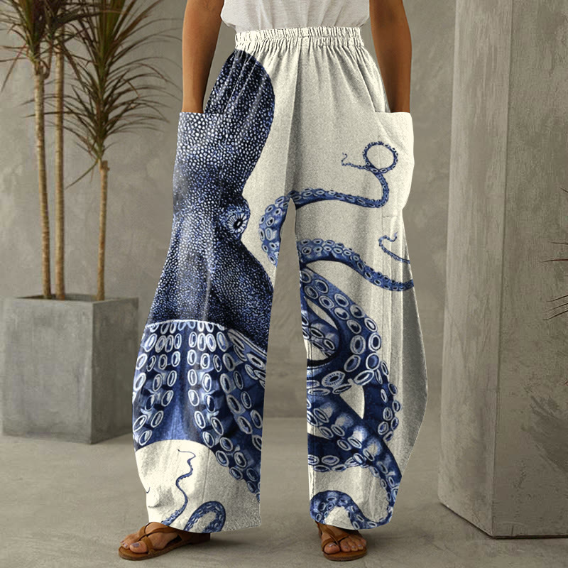 Japanese Art Octopus Graphic Print Casual Pants - Beige - 6XL - image 1