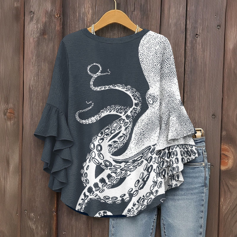 Japanese Art Octopus Graphic Print V-neck Half Sleeve Blouse - image 2