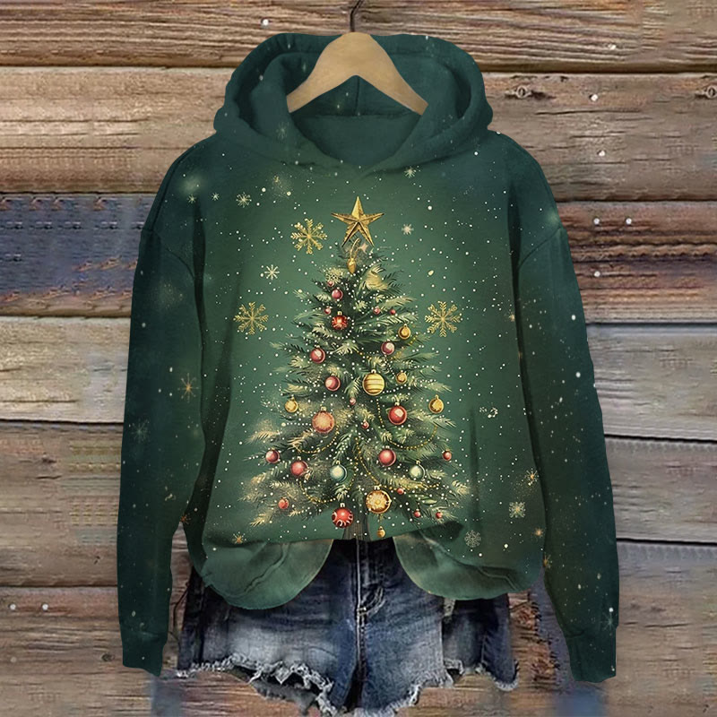 Glitterchristmas Tree Print Long Sleeve Hoodie - Dark Green - US44-46(8XL) - image 1