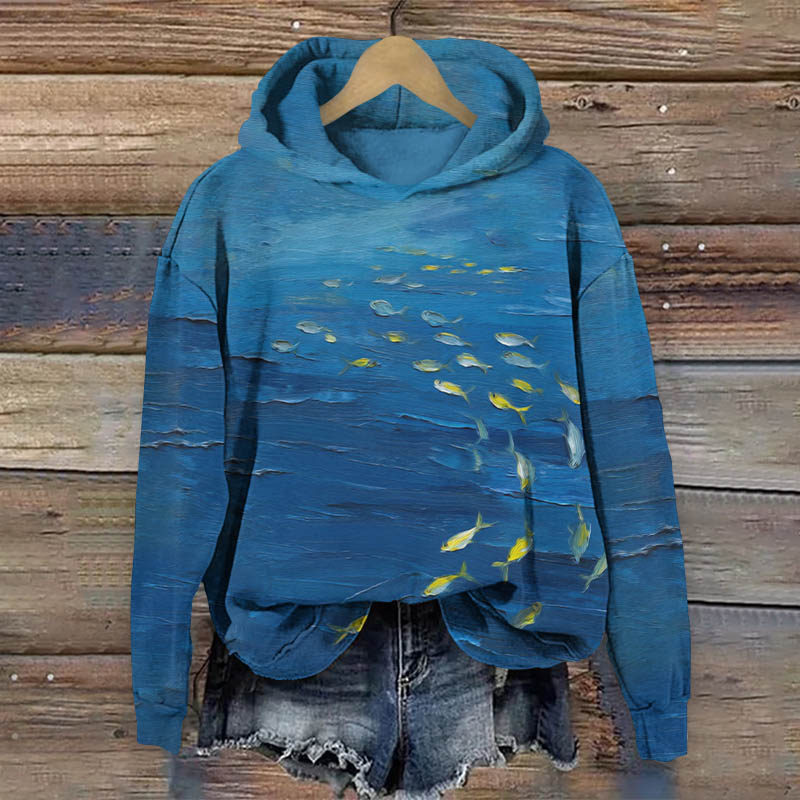 Oil Painting Small Ocean Fish School Art Print Long Sleeve Hoodie - Blue - US44-46(8XL) - image 1