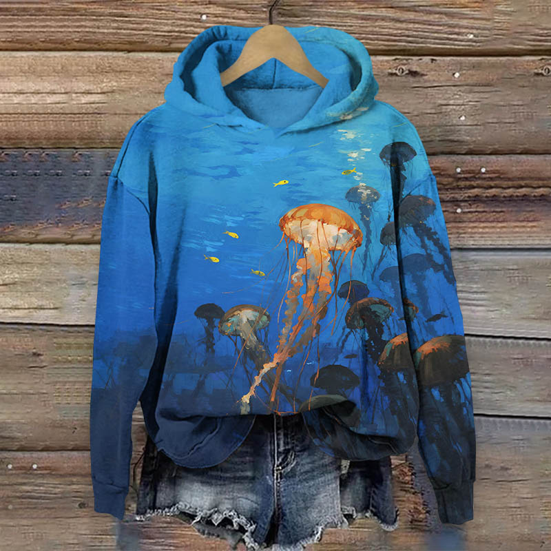 Unique Ocean Fantasy Jellyfish Print Long Sleeve Hoodie - Blue - US44-46(8XL) - image 1