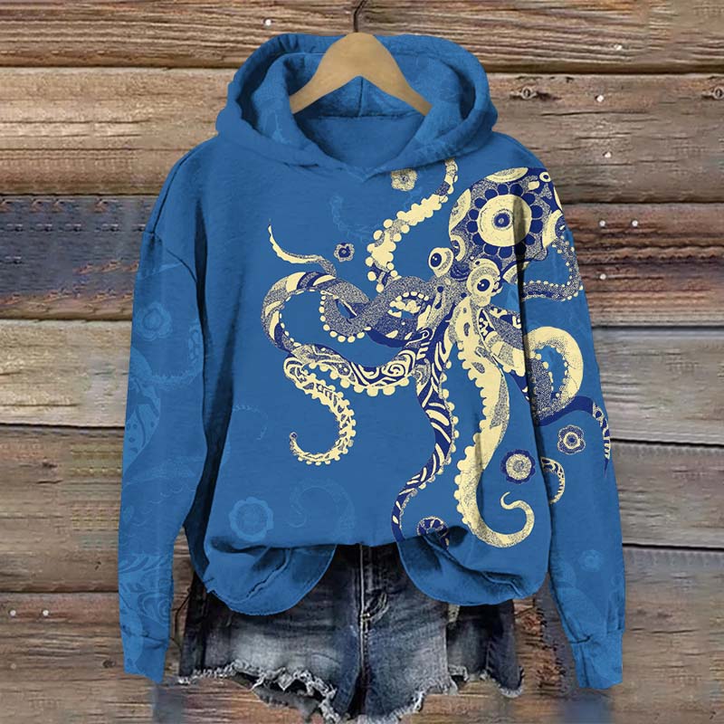 Funny Abstract Floral Pattern Octopus Print Long Sleeve Hoodie - Blue - US44-46(8XL) - image 1