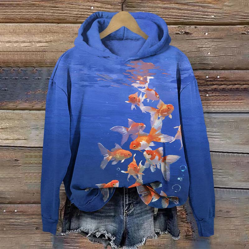 Vintage Watercolor Vivid Goldfish Art Print Long Sleeve Hoodie - Blue - US44-46(8XL) - image 2