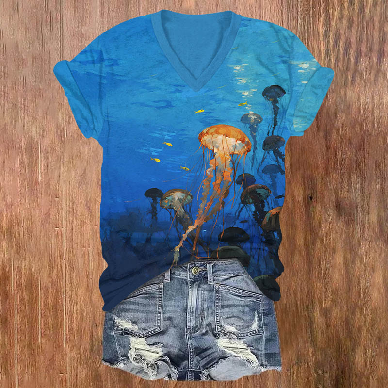 Unique Ocean Fantasy Jellyfish Print V-neck T-shirt - Blue - US32-34(5XL) - image 1