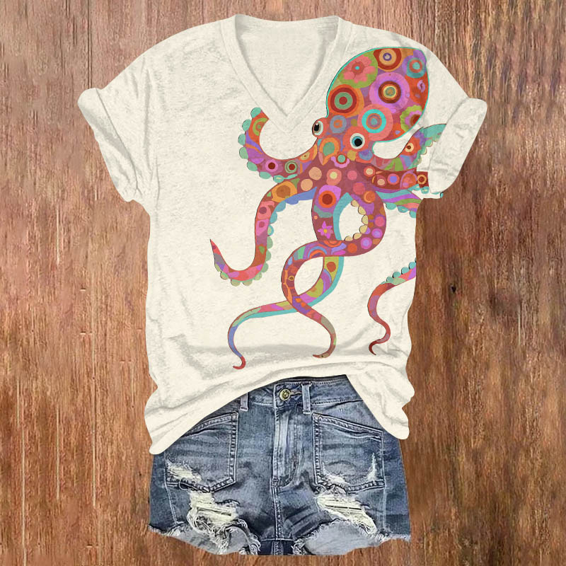 Creative Colorful Geometric Octopus Print V-neck T-shirt - White - US32-34(5XL) - image 1
