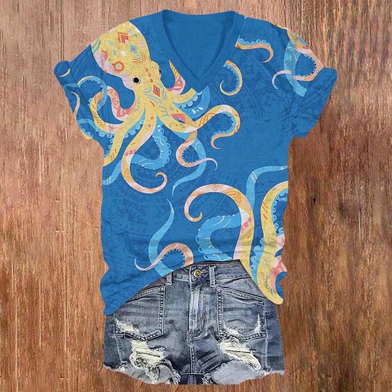 Vintage Funny Ethnic Pattern Octopus Print V-neck T-shirt - Blue - US32-34(5XL) - image 1