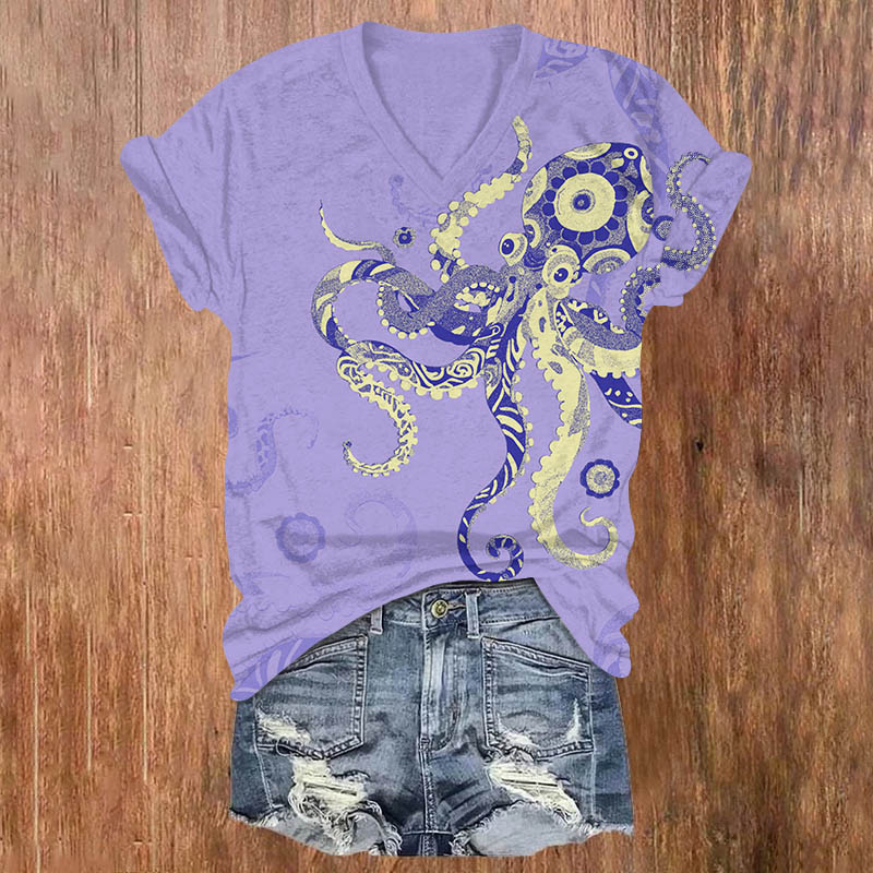 Funny Abstract Floral Pattern Octopus Print V-neck T-shirt - Purple - US32-34(5XL) - image 2