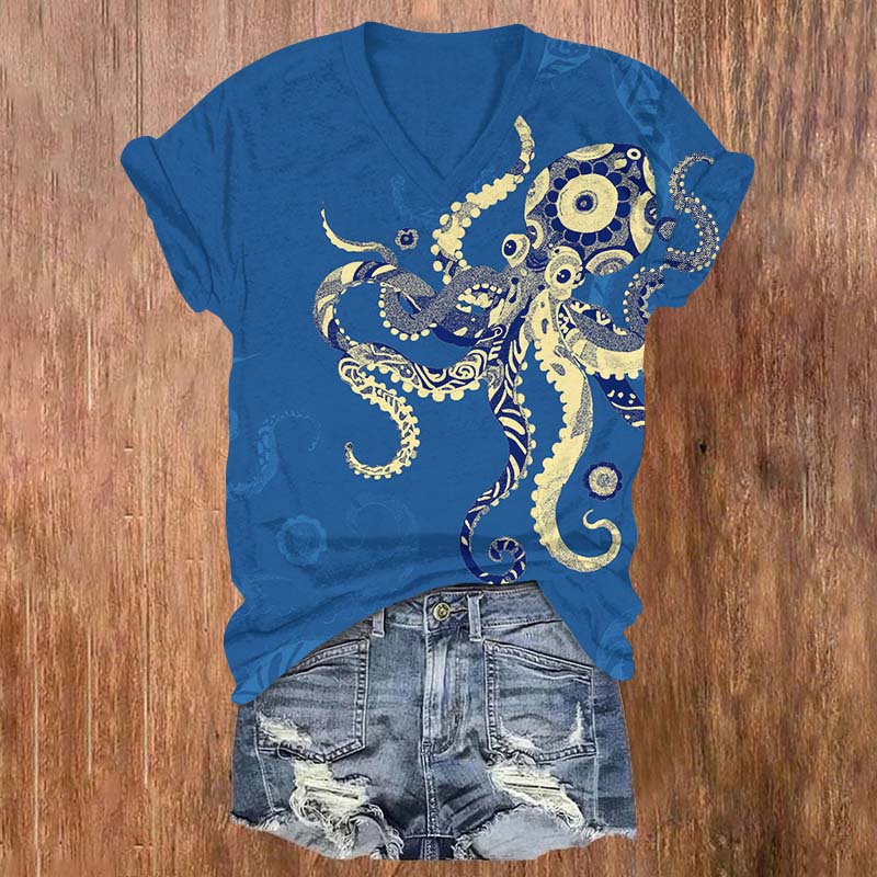 Funny Abstract Floral Pattern Octopus Print V-neck T-shirt - Blue - US32-34(5XL) - image 1