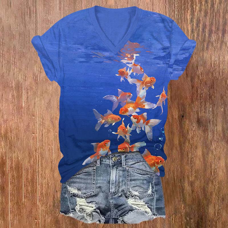 Vintage Watercolor Vivid Goldfish Art Print V-neck T-shirt - Blue - US32-34(5XL) - image 2