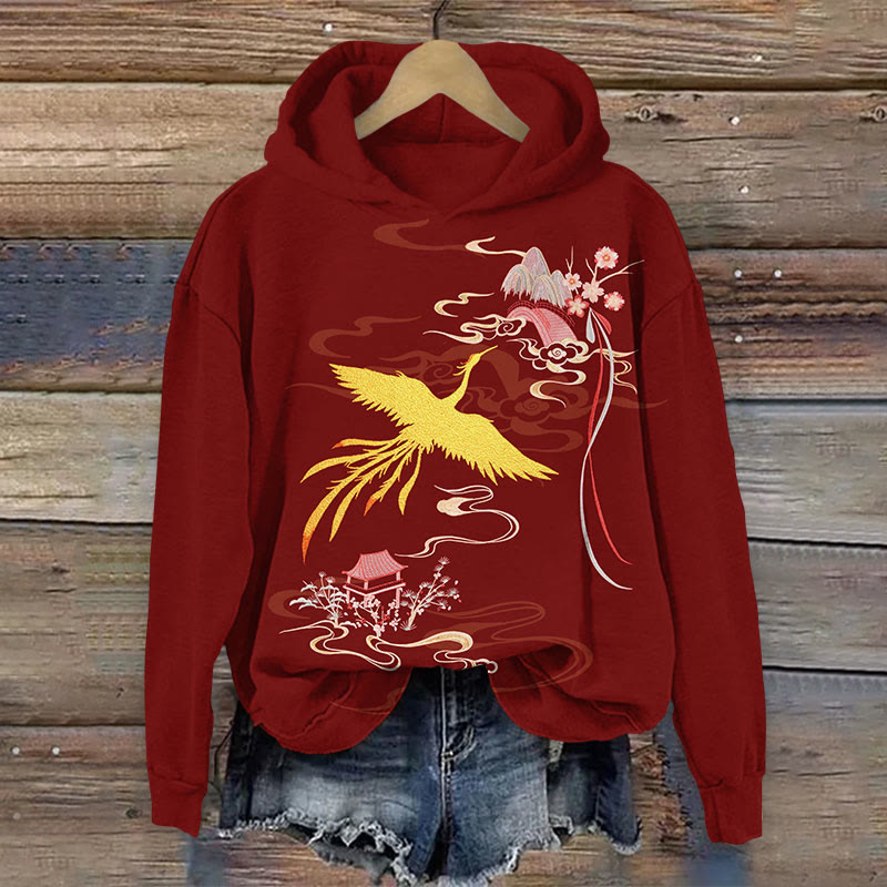 Japanese Crane Fly Over Moutains Print Long Sleeve Hoodie - Red - US44-46(8XL) - image 1