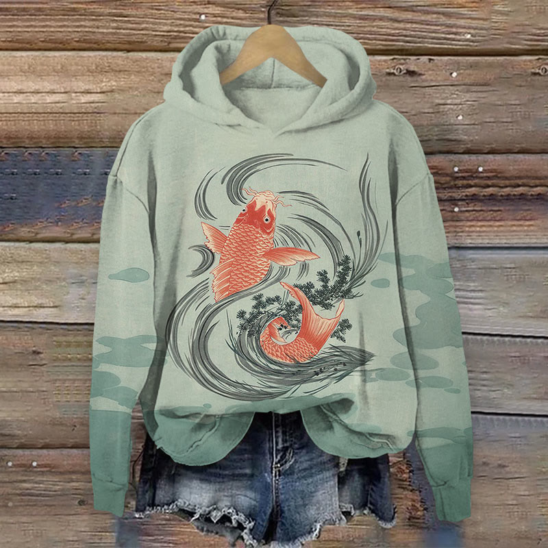  Japanese Style  Carp In The Water Plants Print Long Sleeve Hoodie - Green - US44-46(8XL) - image 1
