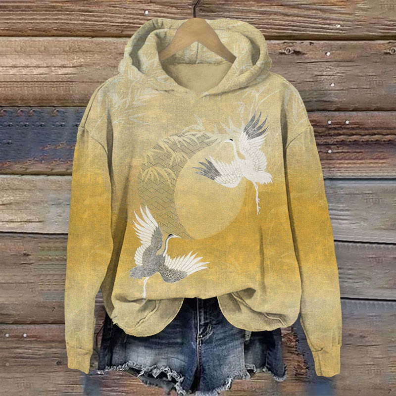  Japanese Retro Cranes With Bamboo Print Long Sleeve Hoodie - Yellow - US44-46(8XL) - image 1