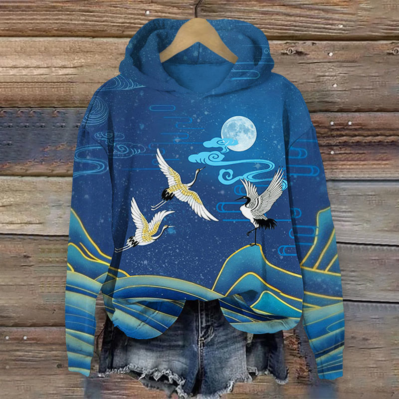  Japanese Cranes Flying At Night With Wave Print Long Sleeve Hoodie - Blue - US44-46(8XL) - image 1
