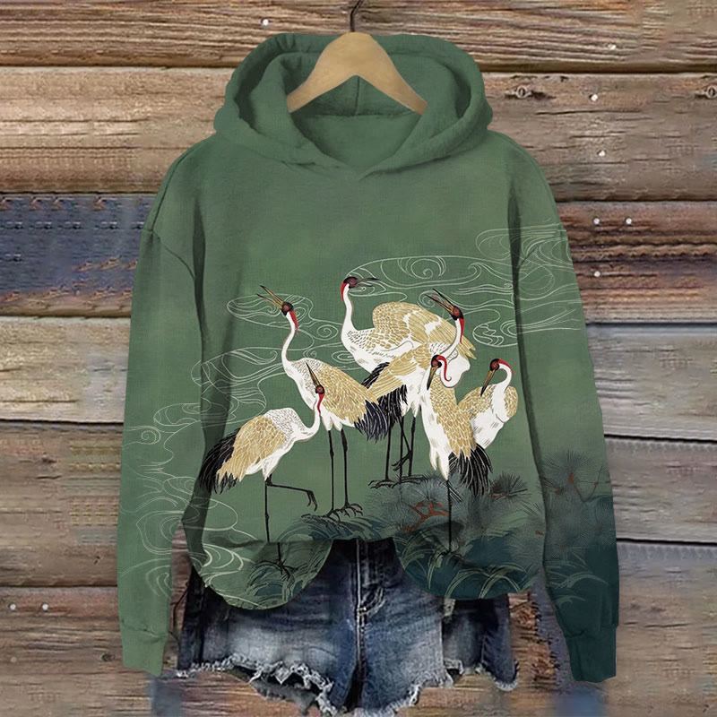  Japanese Cranes By The Pond  Print Long Sleeve Hoodie - Green - US44-46(8XL) - image 1