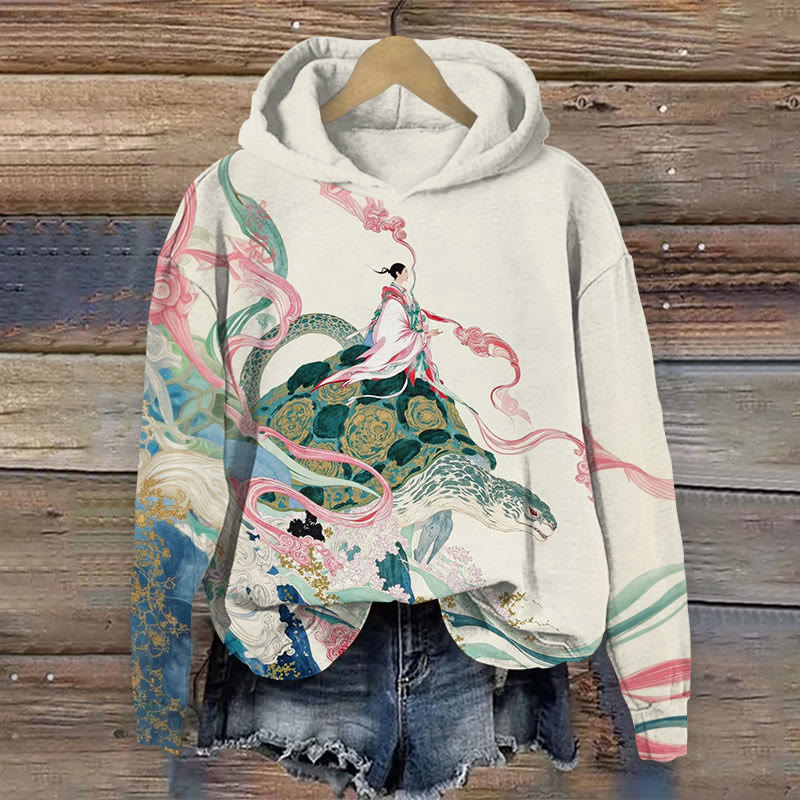  Japanese Retro Aesthetic Art Cloud Turtle Myth Print Long Sleeve Hoodie - Apricot - US44-46(8XL) - image 1