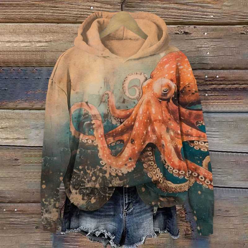 Japanese Octopus Over Sea Print Long Sleeve Hoodie - Multicolor - US44-46(8XL) - image 1