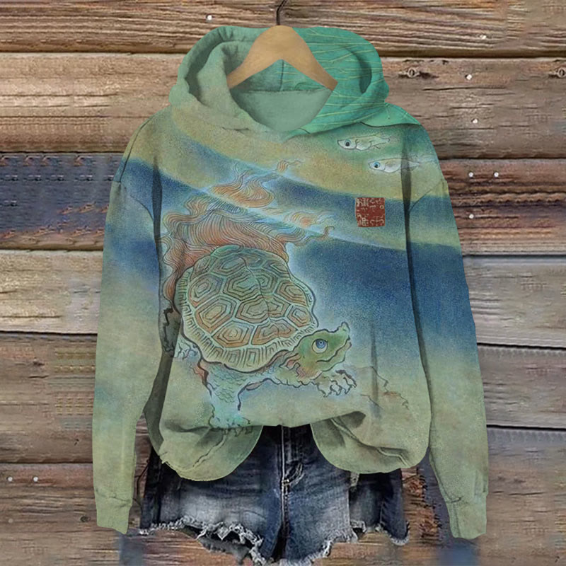 Japanese Watercolor Turtle Print Long Sleeve Hoodie - Green - US44-46(8XL) - image 1