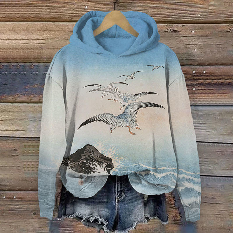 Japanese Watercolor Print Flying Birds Long Sleeve Hoodie - Light Blue - US44-46(8XL) - image 1