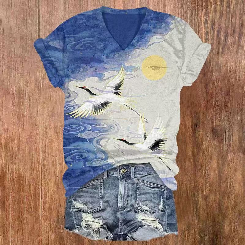 Japanese Cranes Flying Acrose Dark Clouds Print V-neck T-shirt - Blue - US32-34(5XL) - image 1