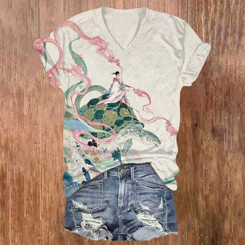 Japanese Retro Aesthetic Art Cloud Turtle Myth Print V-neck T-shirt - Apricot - US32-34(5XL) - image 1