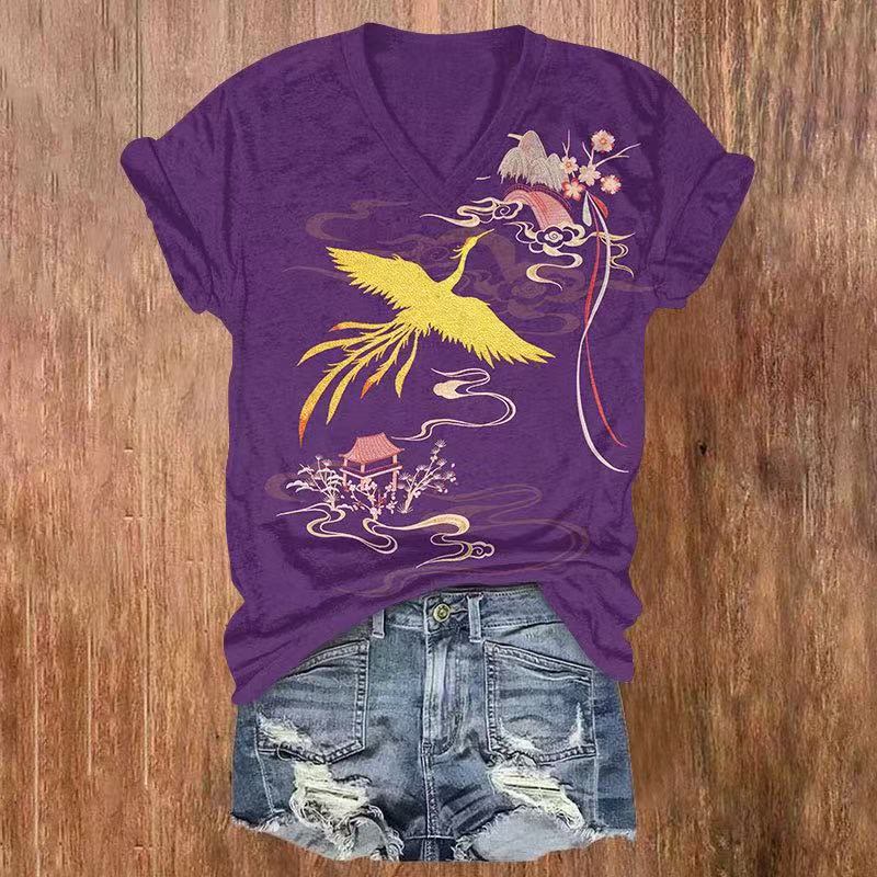 Japanese Crane Fly Over Moutains Print V-neck T-shirt - Purple - US32-34(5XL) - image 1