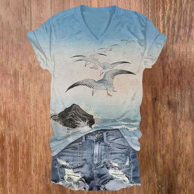 Japanese Watercolor Print Flying Birds Print V-neck T-shirt - Light Blue - US32-34(5XL) - image 1