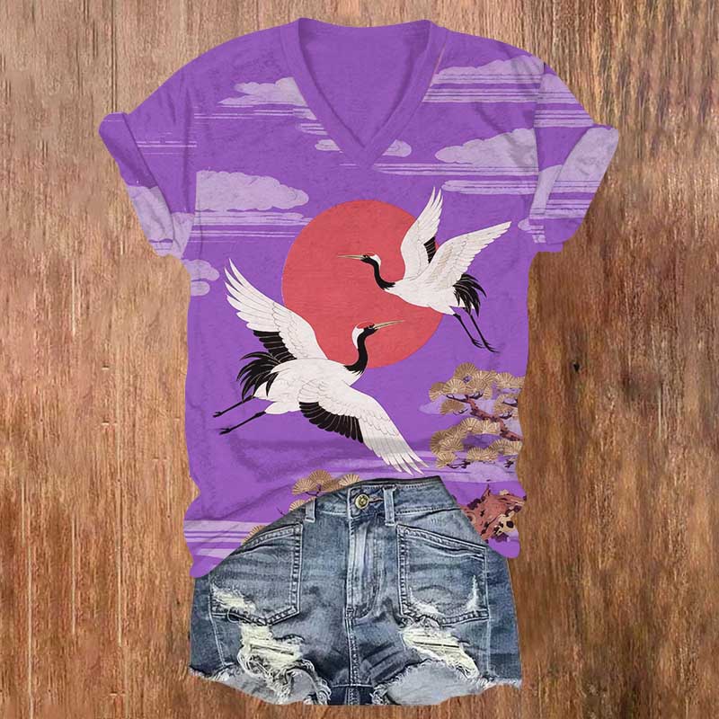 Japanese Vintage Crane Flying Around The Sun Print V-neck T-shirt - Purple - US32-34(5XL) - image 2