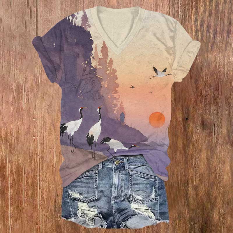 Japanese Contrast Color Oil Painting White Crane Print V-neck T-shirt - Purple - US32-34(5XL) - image 1