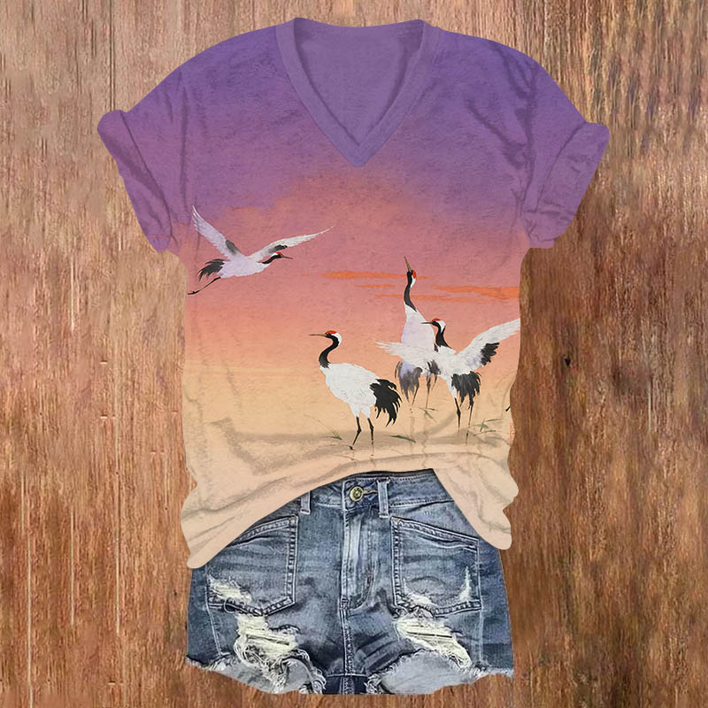 Japanese Ombre Flock Of White Cranes Print V-neck T-shirt - Purple - US32-34(5XL) - image 2