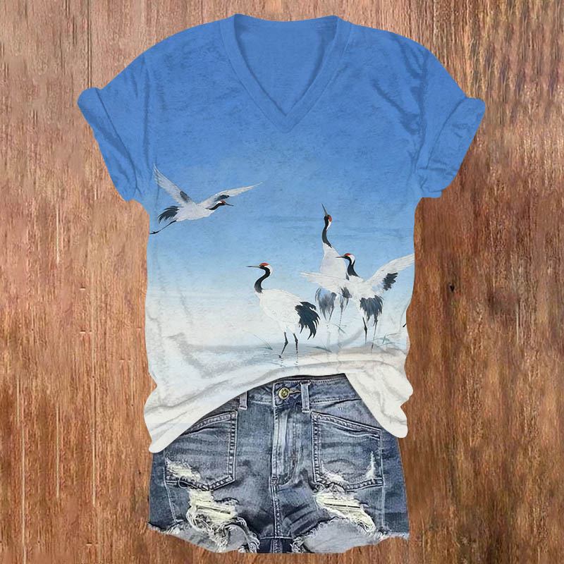 Japanese Ombre Flock Of White Cranes Print V-neck T-shirt - Blue - US32-34(5XL) - image 1