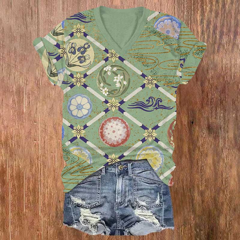 Traditional Geometric Floral Art Print V-neck T-shirt - Green - US32-34(5XL) - image 2