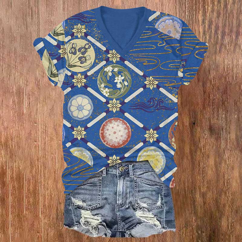 Traditional Geometric Floral Art Print V-neck T-shirt - Blue - US32-34(5XL) - image 1