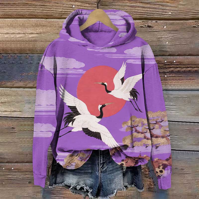 Japanese Vintage Crane Flying Around The Sun Print Long Sleeve Hoodie - Purple - US44-46(8XL) - image 2